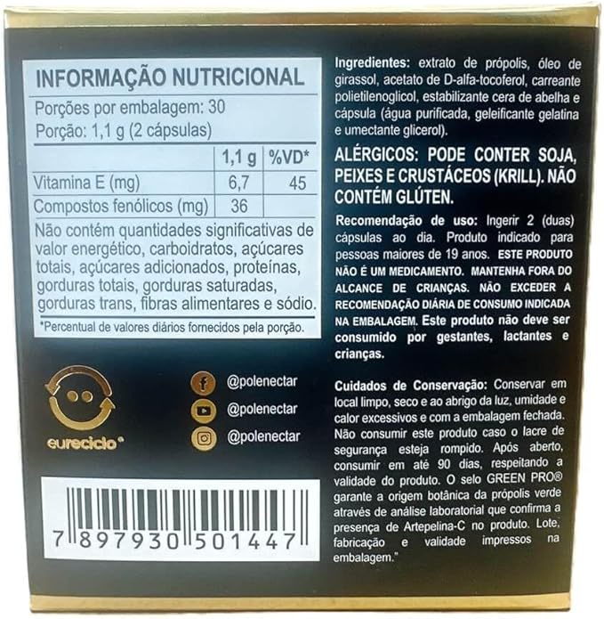 4 Boxes of Polenectar Brazil Green Bee Propolis 300 Milligram (60 Softgels)