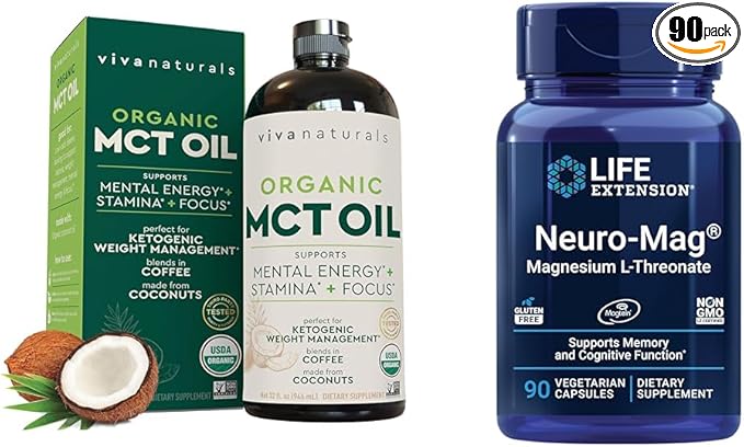 Viva Naturals Organic MCT Oil for Keto Coffee (32 fl oz) - Best MCT Oil Supplement &amp Life Extension Neuro-mag Magnesium L-threonate Magnesium L-threonate Brain Health Memory