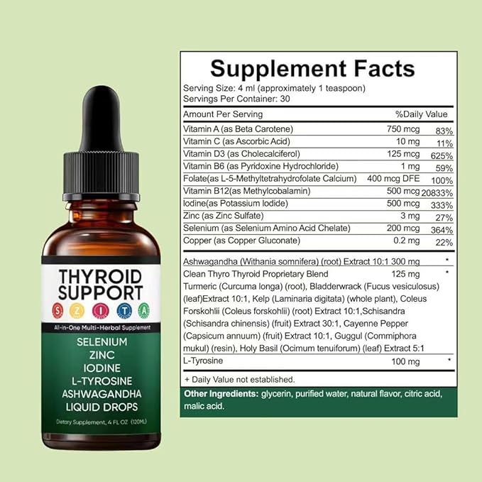 Kindled Thyroid Support Drops Actora Thyroid Support Liquid Supplement with Selenium Zinc Iodine L-Tyrosine Ashwagandha - 4 fl. oz. (120mL) (1)