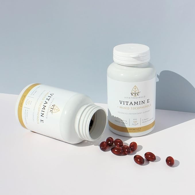 VTC VitaTradingCo. Vitamin E + Mixed Tocopherols | 400 IU Vitamin E | with Selenium &amp D-Alpha | Powerful Antioxidant | Skin Heart &amp Immune Support | 100 Softgels