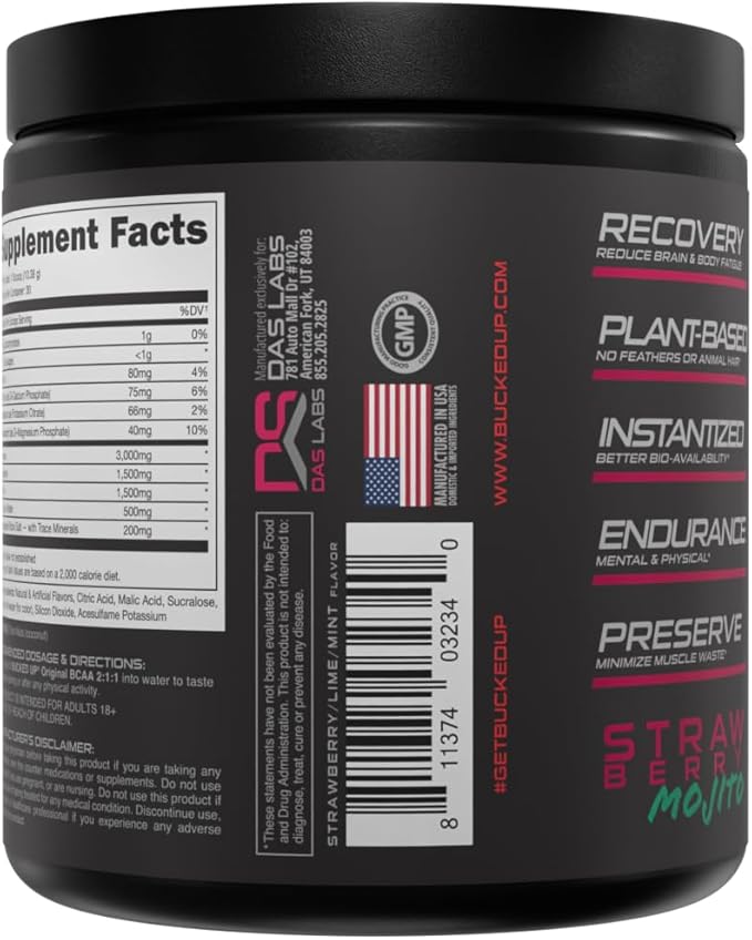 Bucked Up Original BCAA 2:1:1 Branched Chain Essential Amino Acids - Supplement Powder - | 100% Pure 2:1:1 Instantized Formula | Pre/Post Workout | 30 Servings | (Strawberry Mojito Flavor)