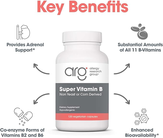 Allergy Research Group Super Vitamin B Supplement - B Vitamin Complex for Men &amp Women with Vitamin B12 and B6 Vegetarian Capsules - 120 Count