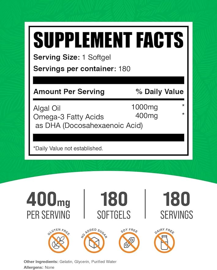 BulkSupplements.com Omega-3 Softgels - from Algal Oil Algae Oil Omega 3 Supplement - Gluten Free 1 Softgel per Serving 180 Count (Pack of 1)