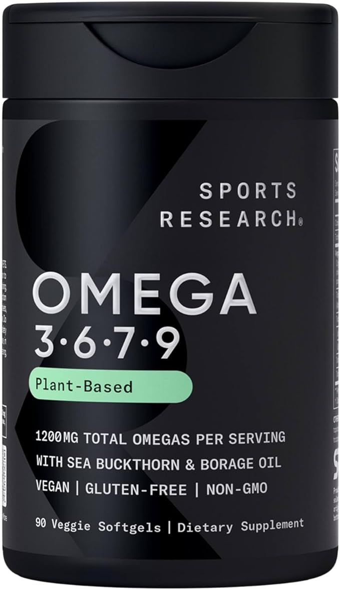 Sports Research® Vegan Supplements Pack - Vegan Omega 3-6-7-9 - 1200 mg of Multi-Spectrum Omega Fatty Acids + D3 + K2 + CoQ10 (100mg)