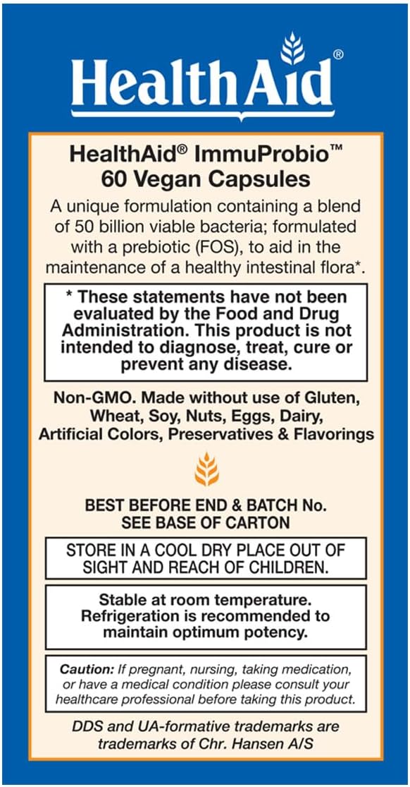 HealthAid ImmuProbio 50 Billion CFU Probiotic – Once Daily Digestive &amp Immune Support – with Prebiotic (FOS) &amp DDS-1 Strain – Acid &amp Bile Resistant – Vegan – 60 Capsules*