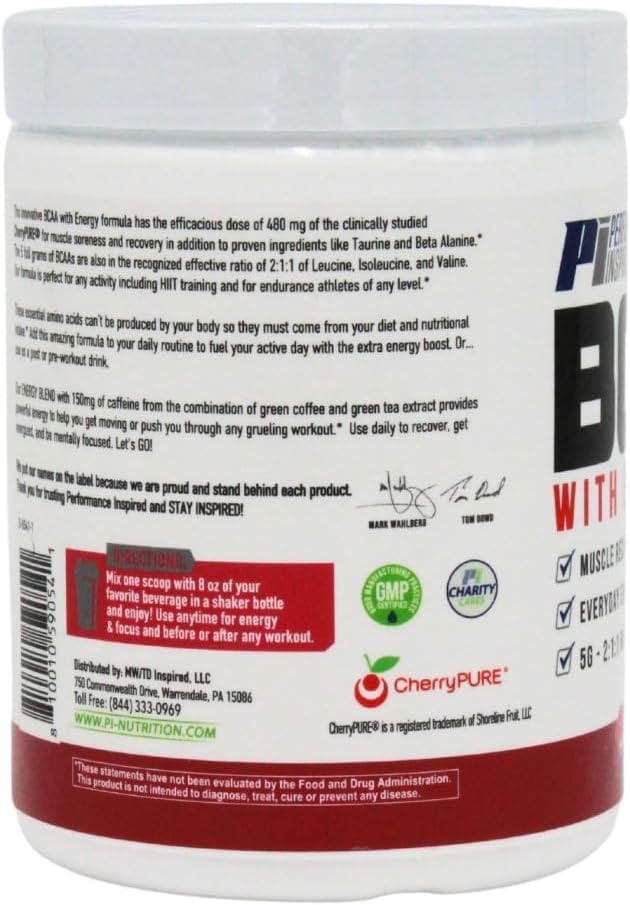 PERFORMANCE INSPIRED Nutrition BCAA with Energy – 5G BCAA 480mg CherryPURE 160mg Natural Caffeine – Supports Muscle Recovery &amp Endurance – Berry Flavor