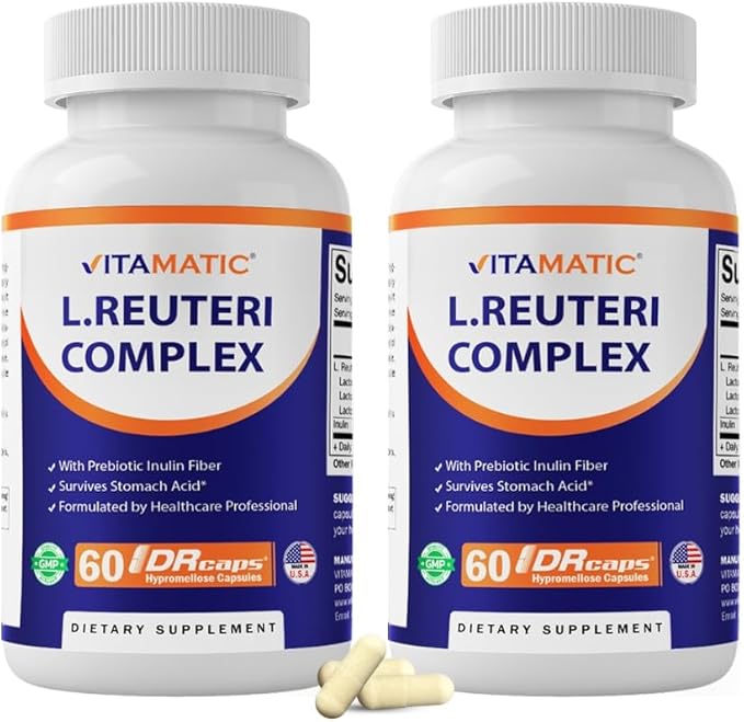 Vitamatic Lactobacillus Reuteri Complex – 22 Billion CFU per Delayed Release Capsule – 60 Capsules – Digestive &amp Gut Health Support – with Prebiotic Inulin Fiber - 2 Pack