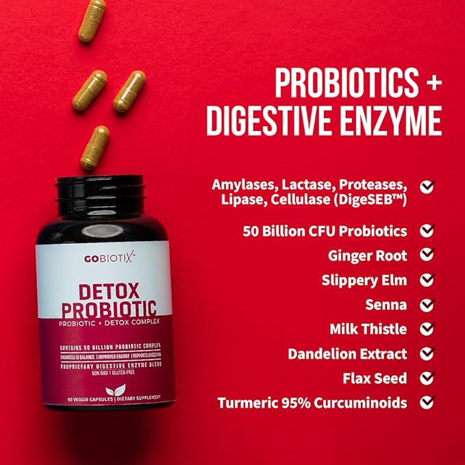 GOBIOTIX Detox Probiotic Supplement for Digestive Health - Milk Thistle Turmeric and Dandelion Root Enzymes for Gut Health - 50 Billion CFU - 60 Capsules