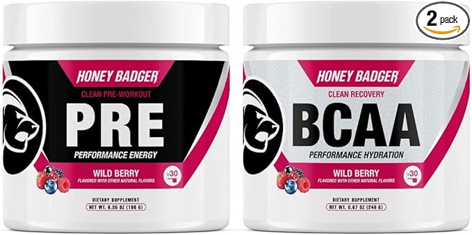 Honey Badger Pre Workout Powder &amp BCAA Amino Acids Powder Bundle | Beta Alanine Caffeine &amp Vitamin C + Electrolytes | Vegan Keto Sugar Free &amp Paleo for Men &amp Women | 30 Servings (Wild