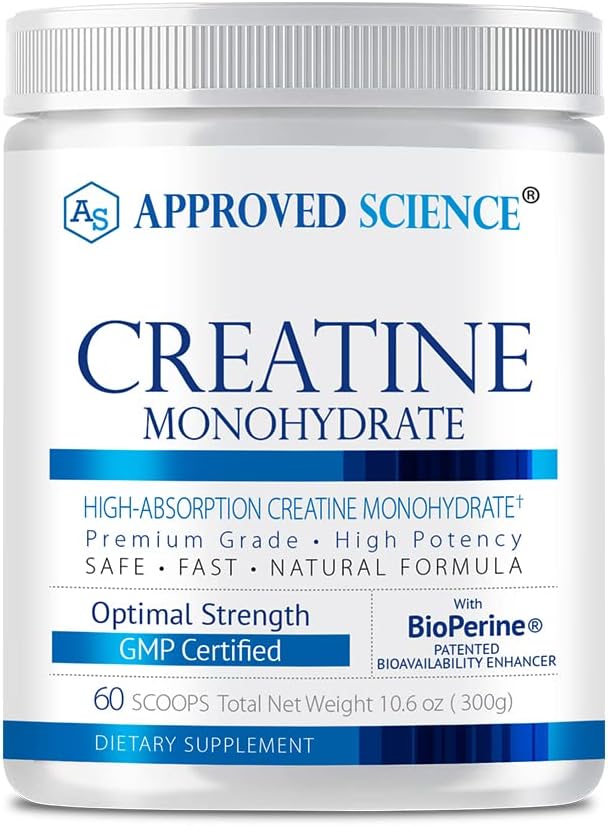 Approved Science Creatine Monohydrate Powder – with BioPerine – Supports Strength Lean Muscle &amp Recovery – 5 g Per Serving – Unflavored Creatine Powder – Non-GMO Vegan – 60 Servings