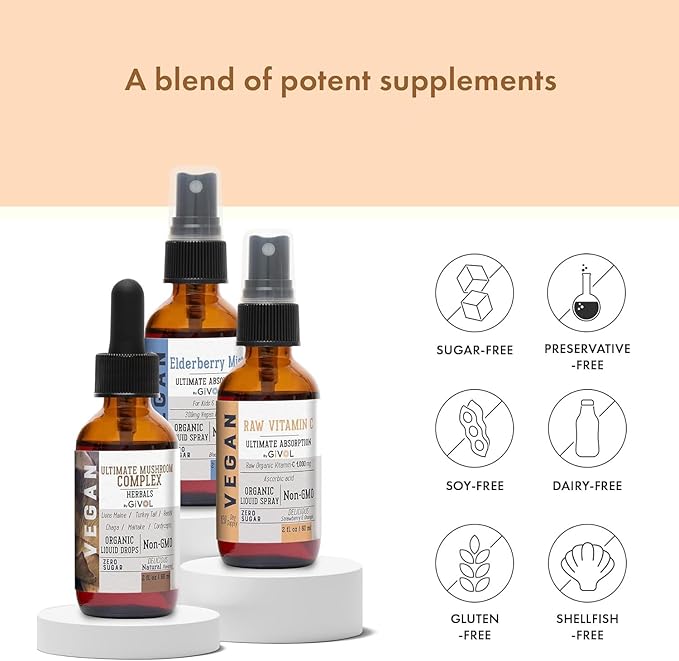 Antioxidant Powerhouse Bundle - Elderberry Raw Vitamin C Mushroom Complex - Nutriments Phytonutrients &amp Cognitive Well-Being All in One Package - Multivitamins - 2 Fl Oz - 240 Days Supply