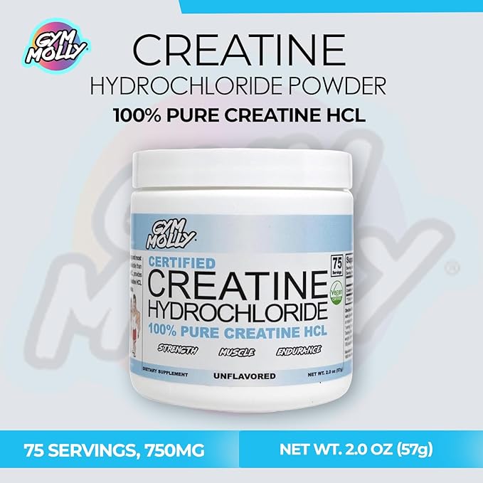 Gym Molly Creatine Hydrochloride Powder Highly Soluble Creatine Hydrochloride Unflavoured Vegan Workout Supplement for Men and Women Muscle Builder Creatine Supplement (75 Servings 750mg)