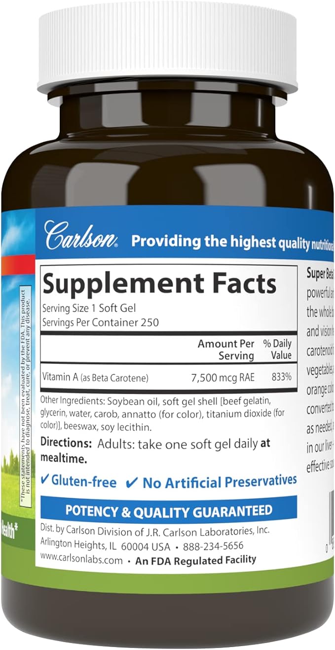 Carlson - Super Beta Carotene 25000 IU (15 mg) Vitamin A as Beta Carotene Bioavailable and Bioactive Form Vision Health Healthy Skin 250 Softgels