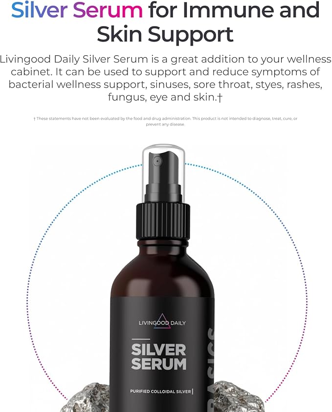 Livingood Daily Colloidal Silver Liquid Spray Purified Silver with Deionized Water for Daily Wellness Support Oral Hygiene Skin Care Throat &amp Sinus Health Vegan Gluten Free Non GMO 4 Oz Bo