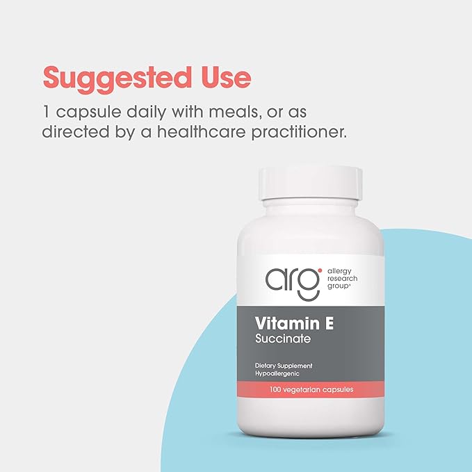 ARG Vitamin E Succinate - 400 IU d-Alpha-Tocopheryl Succinate - Antioxidant &amp Energy Support - Dry Powder Vegetarian Capsules - Hypoallergenic Formula - 100 Servings - 100 Capsules