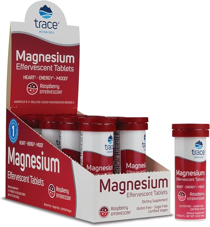 Trace Minerals Magnesium Effervescent - Healthy Heart &amp Energy Support Supplement - Natural Magnesium Supplement to Aid Healthy Sleep - Gluten-Free Health Supplement - Raspberry 8 Tubes (80 Servi