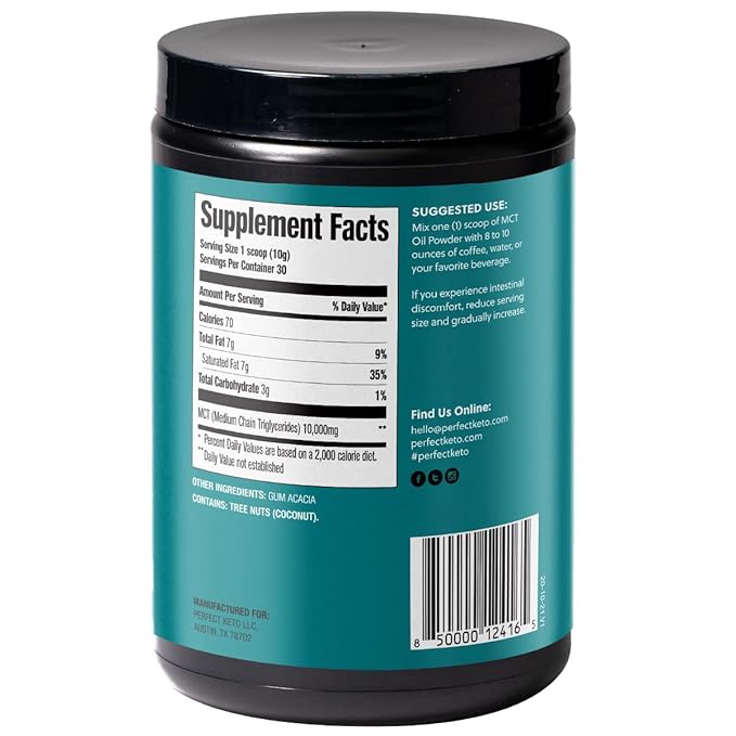 Perfect Keto 7g MCT Oil Powder Medium Chain Triglycerides Supplement Non Dairy Coffee Creamer for Keto Diet Ketogenic MCT Oil Mix for Coffee Smoothie Protein Shakes Tea Unflavored 30 Servings