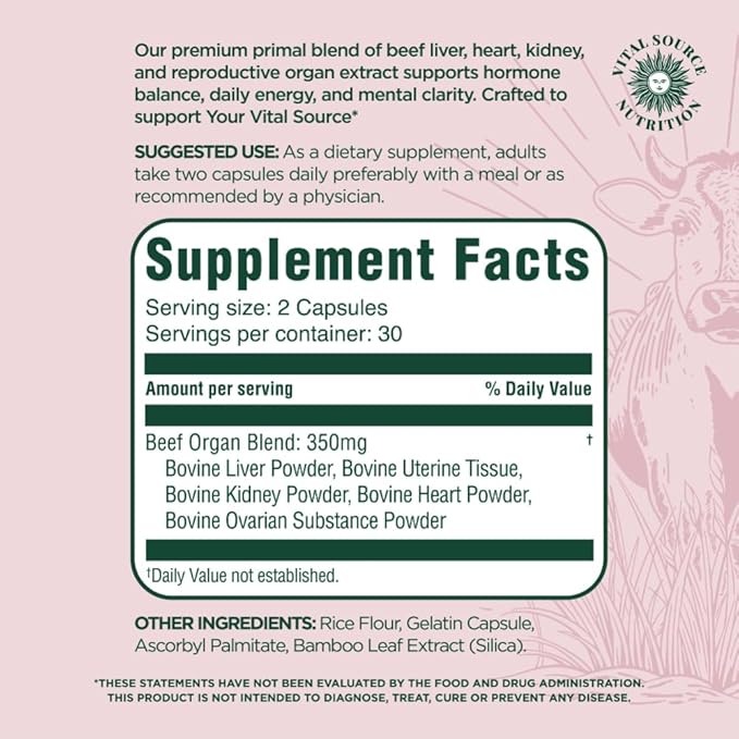 Vital Source Nutrition - BiFi Capsules - Beef Organ Primal Blend - Premium Ancestral Supplements for Women - Supports Hormone Health Energy &amp Stamina - Daily Vitality - No Artificial Ingredients