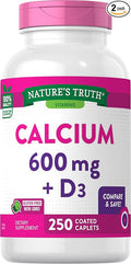 Nature's Truth Calcium 600 mg + D3 Dietary Supplement - 250 Caplets Pack of 2