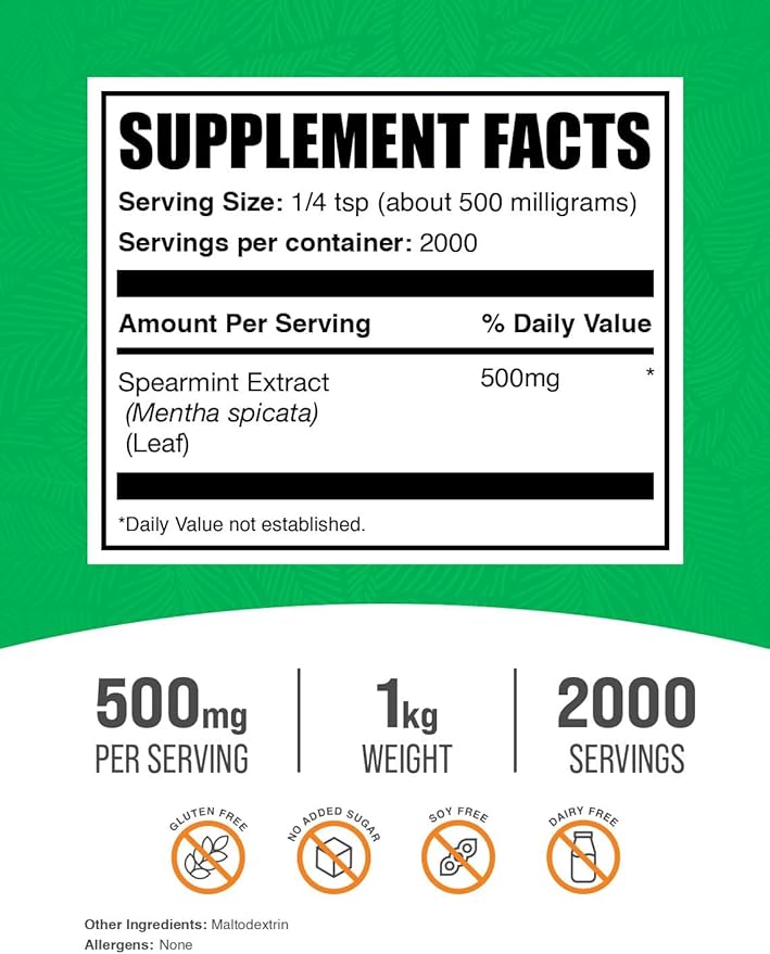 BulkSupplements.com Spearmint Extract Powder - Food-Grade Spearmint Powder Herbal Supplement - Vegan &amp Gluten Free 500mg per Serving 1kg (2.2 lbs) (Pack of 1)