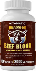 Vitamatic Grass Fed Beef Blood with Liver and Spleen 180 Capsules – Freeze-Dried Non-GMO Bovine Liver Supplement – Pasture-Raised Glandular-Based Formula