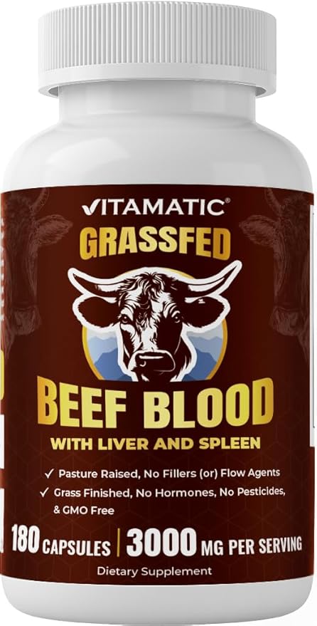 Vitamatic Grass Fed Beef Blood with Liver and Spleen 180 Capsules – Freeze-Dried Non-GMO Bovine Liver Supplement – Pasture-Raised Glandular-Based Formula