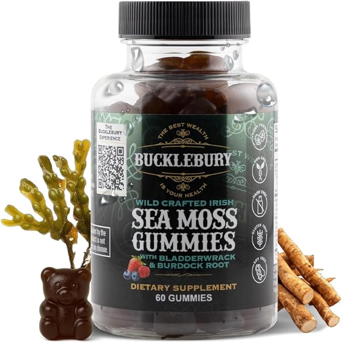 BUCKLEBURY Wild Crafted Irish Sea Moss Gummies with Bladderwrack &amp Burdock Root - Natural Chewable Multivitamin Vegan Sea Moss Gummies for Immune Thyroid &amp Digestive Support - 60 Count