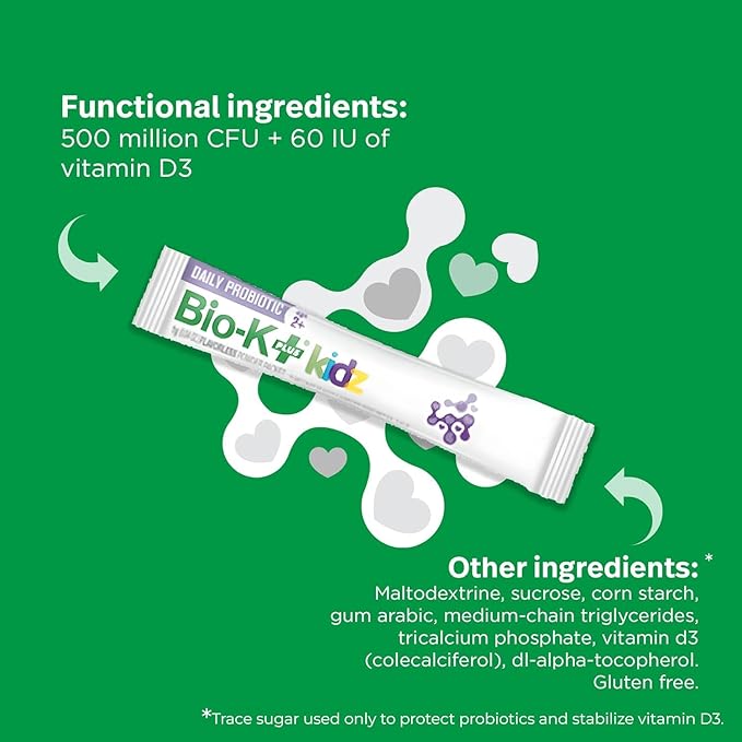 Bio-K+ Kidz Probiotic Powder for Kids with Vitamin D3 Shelf-Stable Non-GMO Gluten-Free – 28 Single-Serve Packets