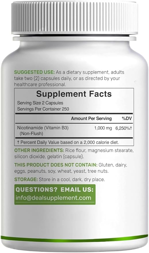 Vitamin B3 Nicotinamide 1000mg Per Serving – 500 Capsules Flush Free Niacin Essential B3 – Supports Healthy Skin &amp Energy Production – Non-GMO