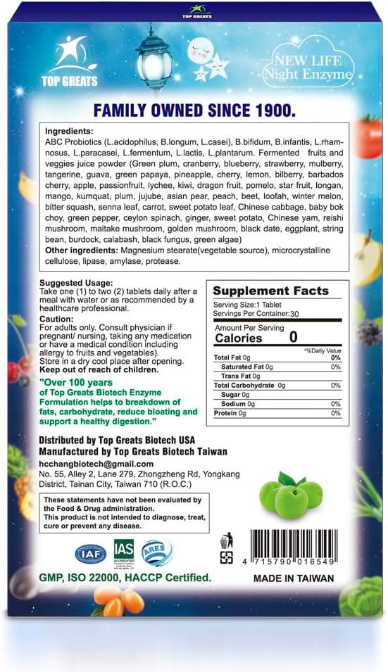 Night Enzyme Daily Multi Digestive Enzymes Green Plum Fruit and Vegetables with Probiotics Relief Bloating Better Sleep Quality for Men and Women Promote Digestive Health- 90 Tablets