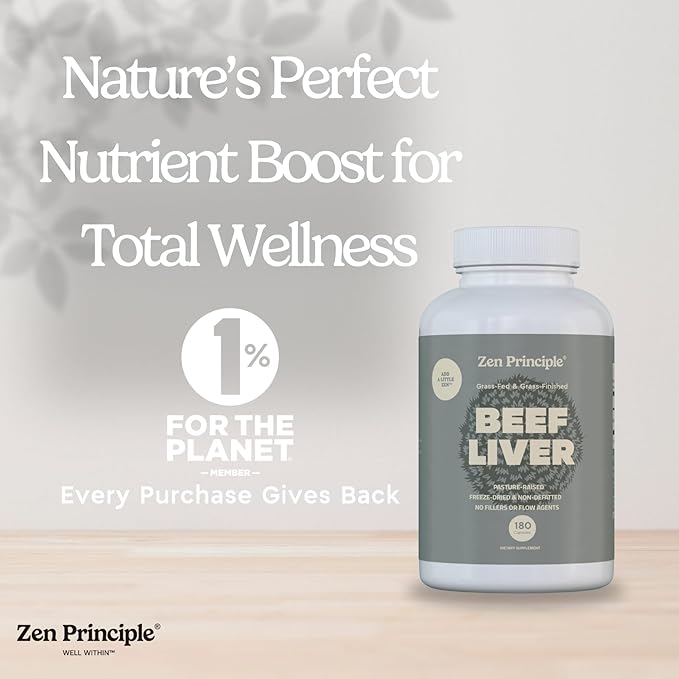 Zen Principle Ultra-Pure Desiccated Beef Liver Grass-Fed &amp Finished New Zealand No Hormones or GMOs Natural Energy &amp Workout Support with Iron Amino Acids &amp Vitamins. 360 Capsules.