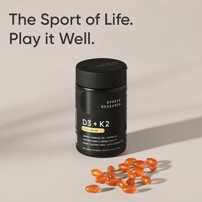 Sports Research® Vitamin D3 + K2 w/ Coconut Oil - Vegan Vitamin D 5000iu &amp Mk7 Vitamin K 100mcg for Bone &amp Immune Support - Vegan Certified · Non-GMO · Soy Free - 60 Softgels