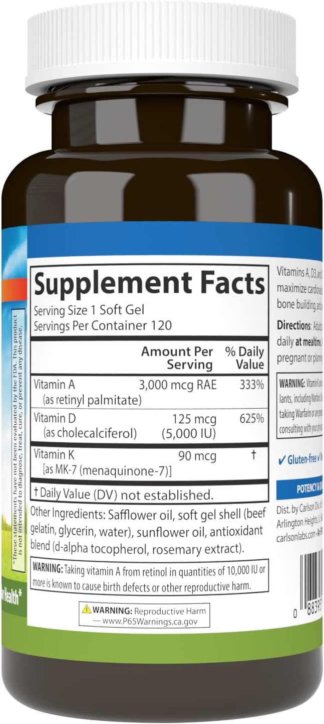 Carlson - Vitamins A D3 K2 3000 mcg RAE Vitamin A 125 mcg Vitamin D3 90 mcg Vitamin K2 as MK-7 Bone Building Calcium Utilization 120 Soft Gels