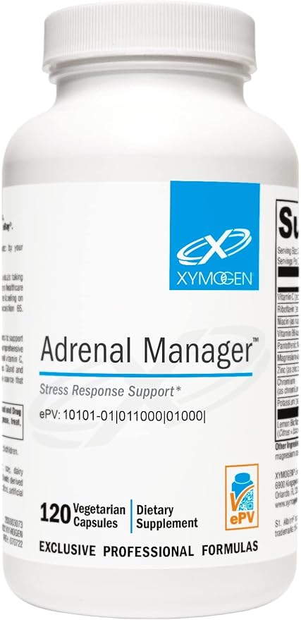 XYMOGEN Adrenal Manager - Adrenal Health Supplement for Everyday Stress Support - Argentinian Bovine Tissues - Pantothenic Acid Vitamin C Vitamin B6 - Dairy-Free &amp Gluten-Free - 120 Capsules