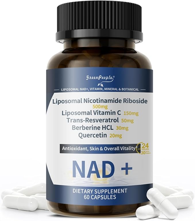 GREENPEOPLE Liposomal NAD Supplement for Women - NAD+ Supplement Nicotinamide Riboside w/Resveratrol Quercetin &amp Liposomal Vitamin C for Skin - 60 CT