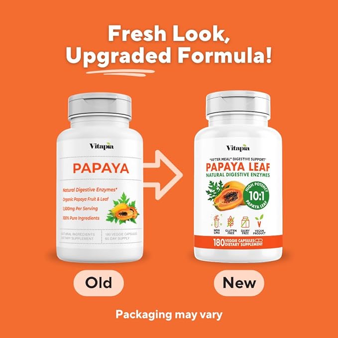 Papaya Leaf 10:1 Extract - Natural Digestive Enzymes for Digestion Bloating Relief Immune Support - 1500mg Per Serving - 180 Veggie Capsules - Non-GMO Gluten-Free Vegan-Friendly Supplement