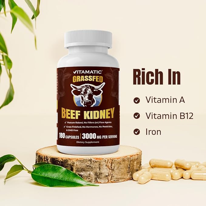 Vitamatic Grass-Fed Beef Kidney 180 Capsules – Freeze-Dried Non-GMO Bovine Liver Supplement – Pasture-Raised Glandular-Based Formula