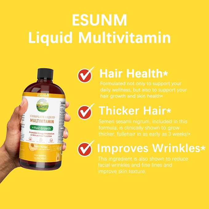 ESUNM Complete Liquid Multivitamin + Hair Growth Promotes Energy Metabolism&amp Skin and Hair Function| Vitamin C D | B Vitamins | Help to Thicker Hair Wrinkles Fine Lines Skin Care (16.23 Fl Oz)