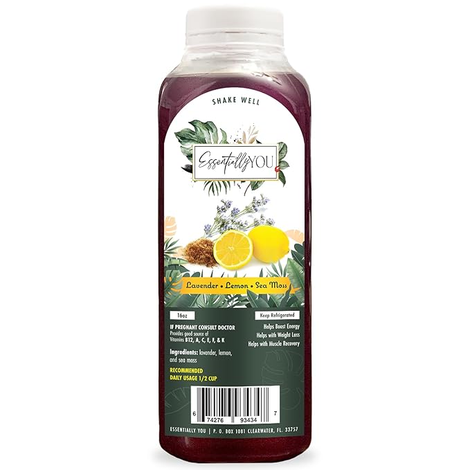Essentially You Sea Moss Juice 16oz 6-Pack | Lavender Lemon and Irish Moss | Wildcrafted Non-GMO Superfood Gluten Free | Energy Booster