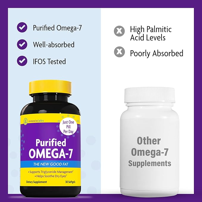 InnovixLabs Purified Omega 7 Supplement - 210 mg Omega-7 Palmitoleic Acid Fish Oil for Metabolism &amp Triglyceride Support Essential Fatty Acids IFOS Approved 30 Softgels