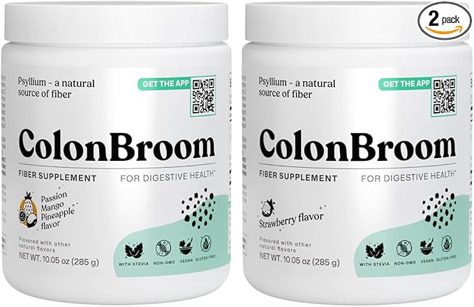 ColonBroom Psyllium Husk Powder - Colon Cleanse for Bloating Relief &amp Gut Health - Fiber Powder Drink - Easy to Mix - Vegan Gluten Free Non-GMO - Strawberry &amp Tropical Fruits (2 Pack)