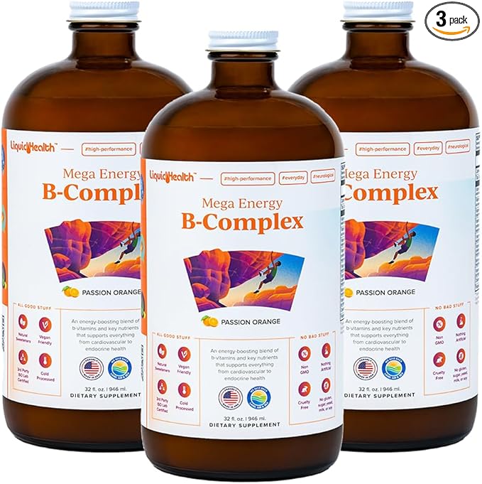 LIQUIDHEALTH Mega Energy Methylated B-Complex Adult Liquid Vitamin Supplement - Increase Energy Relieve Stress &amp Fatigue Immune Support Heart &amp Gut Health - Made in USA Vegan Sugar-Free