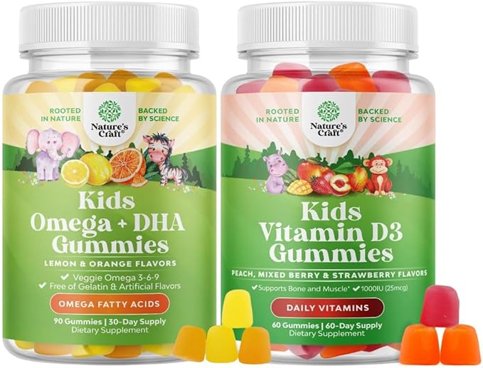 Bundle of Kids DHA Omega 3 Gummies with Vegetarian 6 9 for Vision Brain &amp Immunity and Chewable Vitamin D Gummies for Kids - 1000 IU Per Serving Vitamins - Immune Support Muscle Teeth &amp Bone H