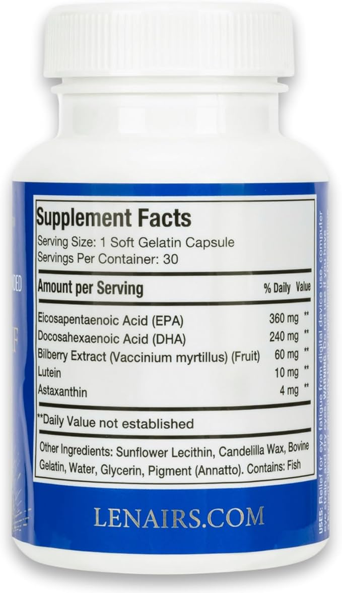 Tired &amp Dry Eye Relief: Digital Screens Eye Strain from with Omega 3 EPA &amp DHA Bilberry Lutein Astaxanthin Essential Nutrients for Eye Health Gluten Free