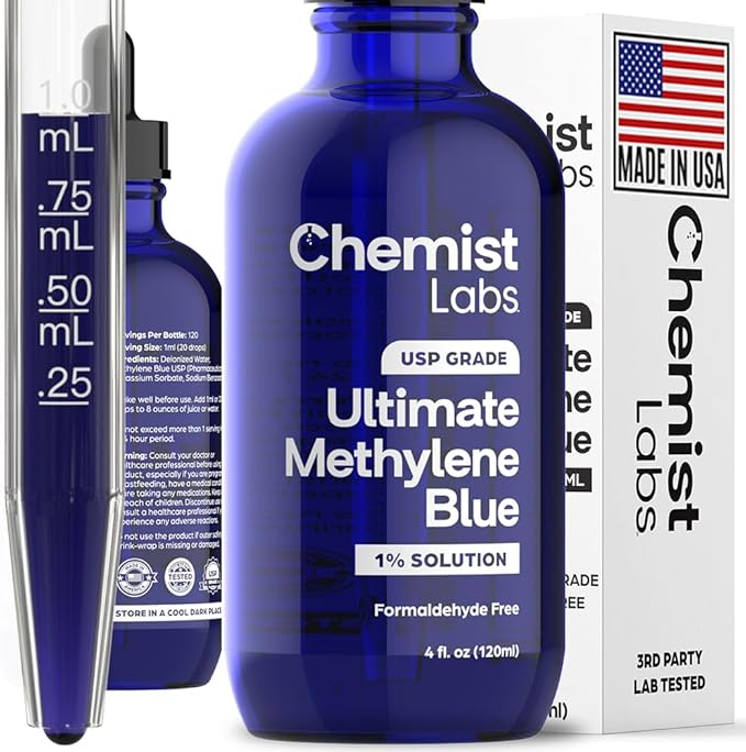 Methylene Blue – 1% Solution | 99.99% USP-Grade Liquid Drops –Mitochondrial &amp Cellular Support – 4oz (120ml) – Formaldehyde-Free – Made in USA