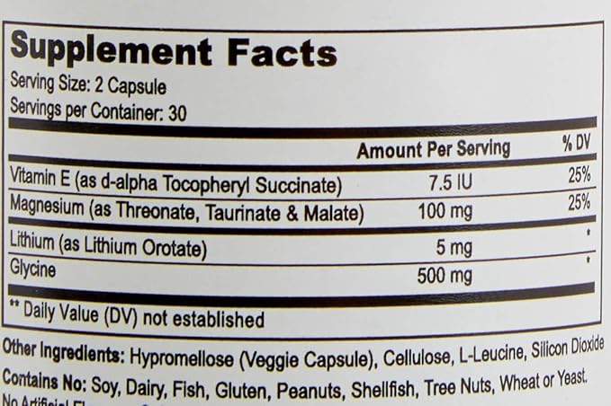 Lithium Orotate 5mg + Tri-Magnesium Threonate Taurinate Malate + Glycine + Vitamin E 60 Vegetarian Capsules (Pack of 2)