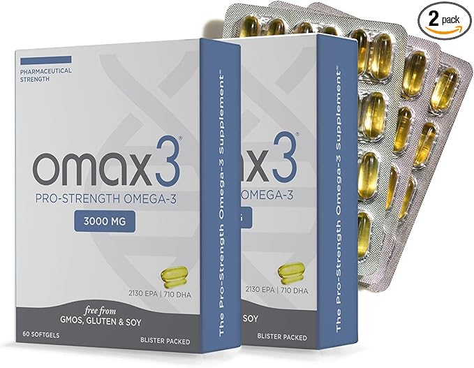 Omax3 Pro-Strength Ultra-Pure Omega-3 Fish Oil - 3000 mg - Maximum Professional Joint &amp Muscle Support - EPA DHA - NSF Certified - 60/per Softgel Blister (Pack of 2)