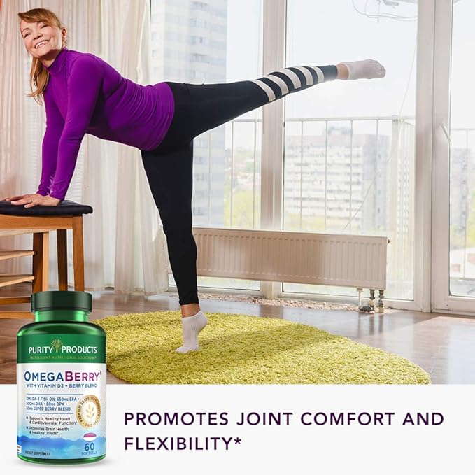 Purity Products OmegaBerry Fish Oil with Vitamin D3 and Organic Acai - 1250mg Concentrated Molecularly Distilled Ultra Pure Omega-3 Fish Oil 500mg DHA + 650mg EPA - 60 Soft Gels - 30 Day Supply from