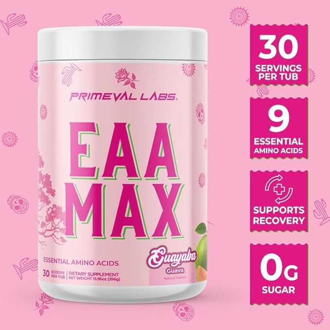 Primeval Labs EAA Max Energy | Pre or Post Workout Muscle Recovery | BCAAs EAAs Electrolytes | Supports Hydration &amp Performance | Keto Friendly | 30 Servings (Guayaba)