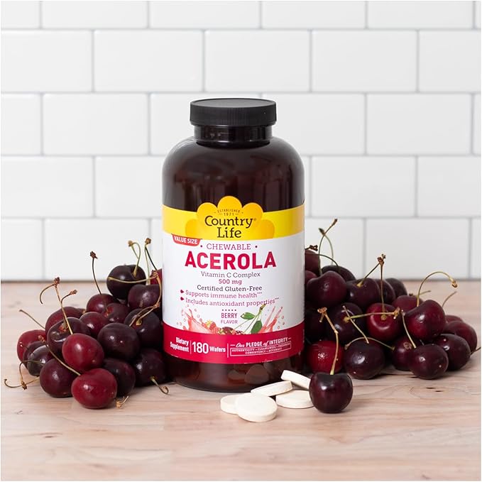 Country Life Acerola Vitamin C Complex 500mg Chewable Berry Flavored Wafers Supports Immune Health 180 Wafers Certified Gluten Free by GFCO  Certified Vegan by AVA